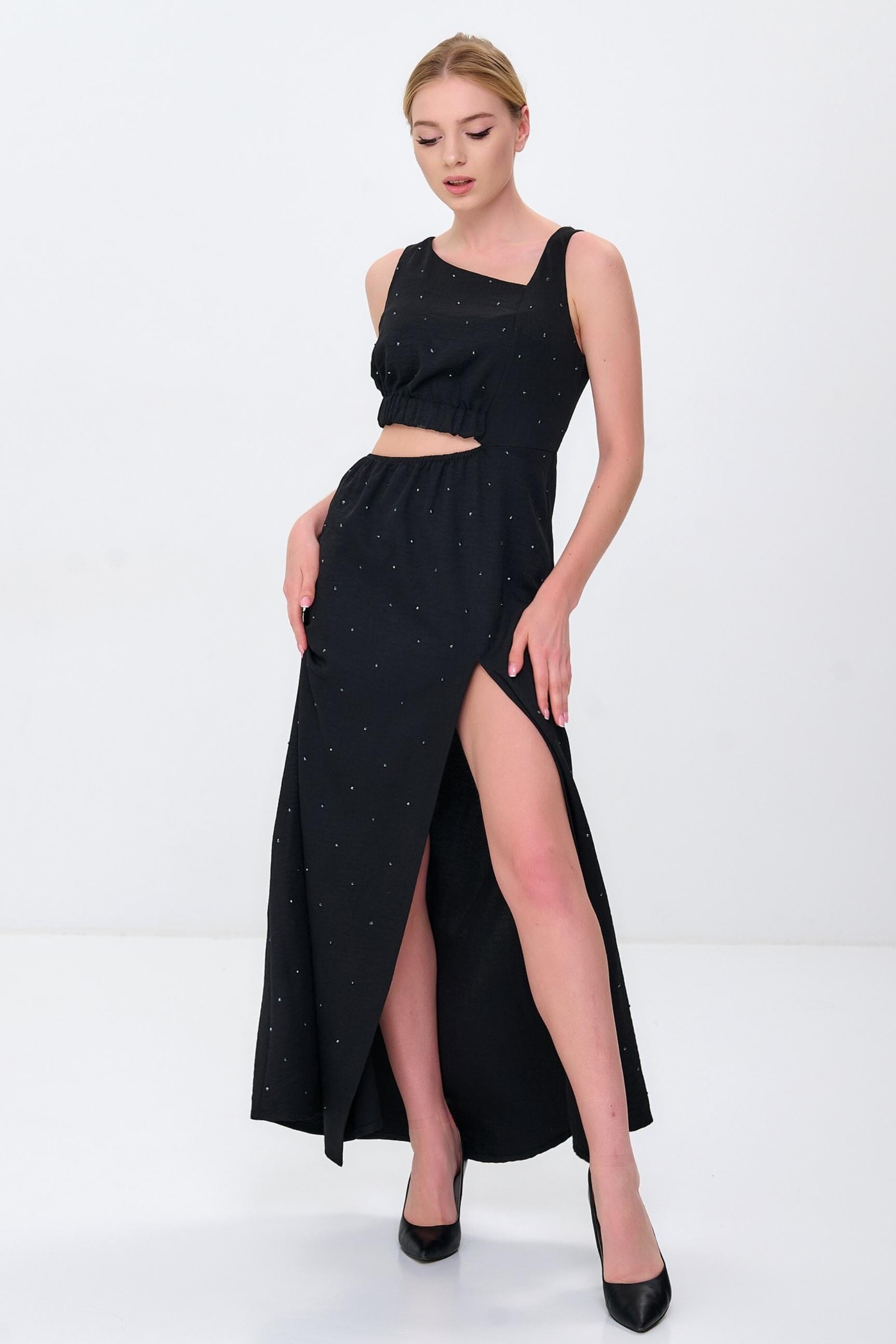 Класичне Довге Чорне Плаття з Вирізом та Стразами Swarovski Clothing VOLGINA 